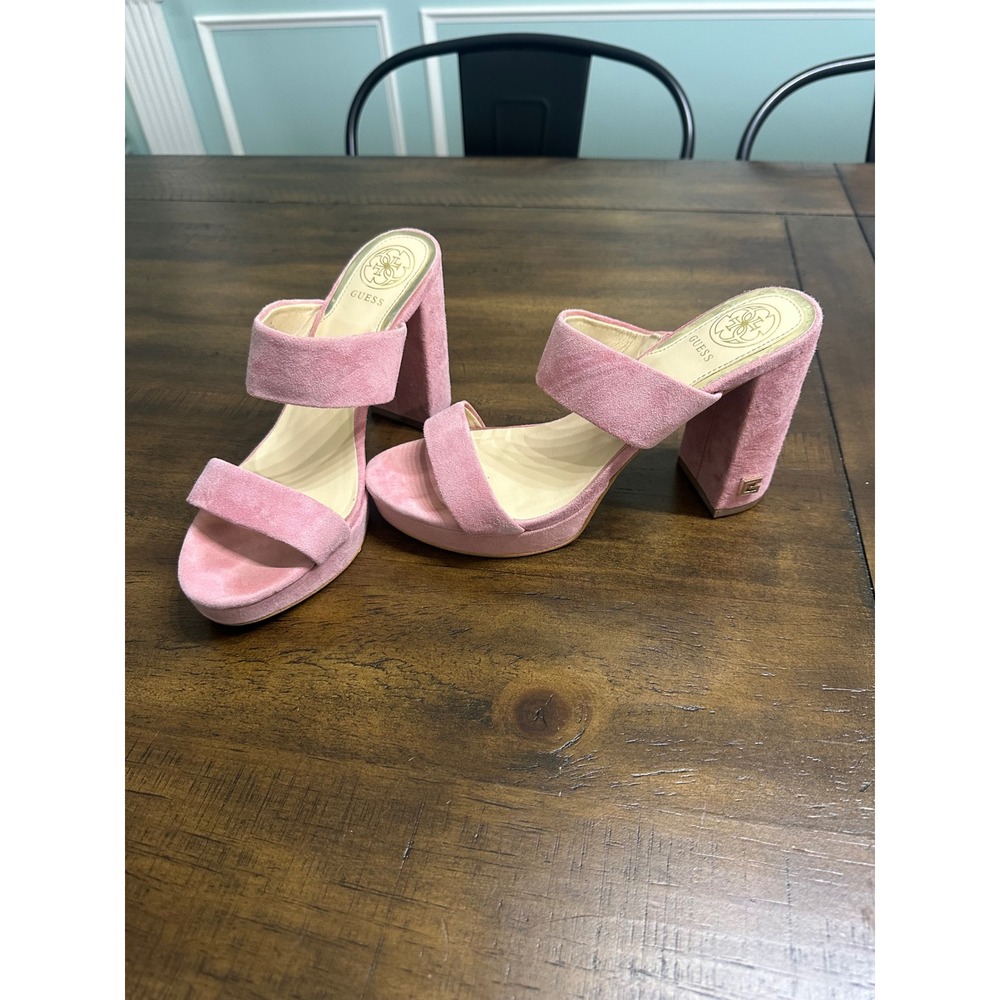 Guess Pink Suede Block‎ Heel Mules Slides Womens Size 6.5M Open Toe Shoes